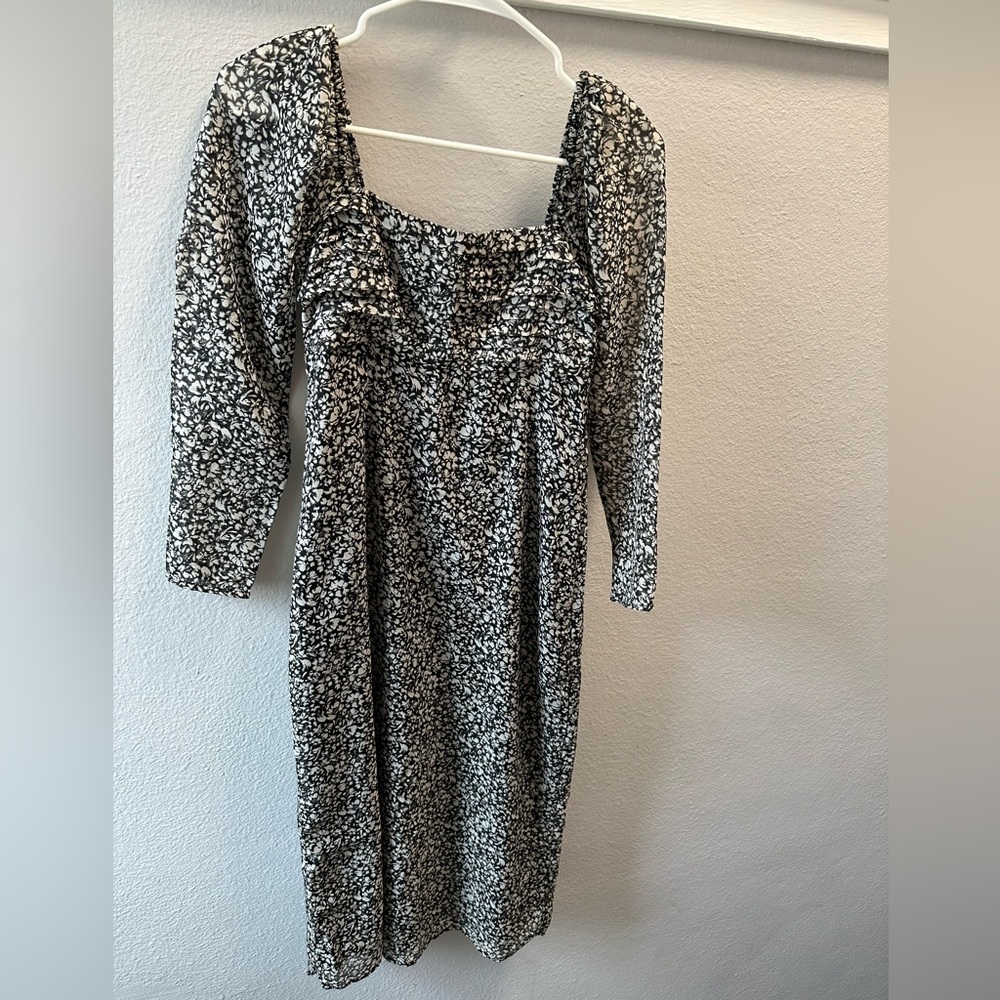 The A&F Emerson Chiffon Long-Sleeve Midi Dress, black and cream floral pattern